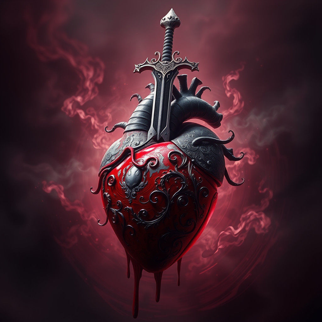 Mystical Sword Pierces Ornate Heart in Fantasy Art