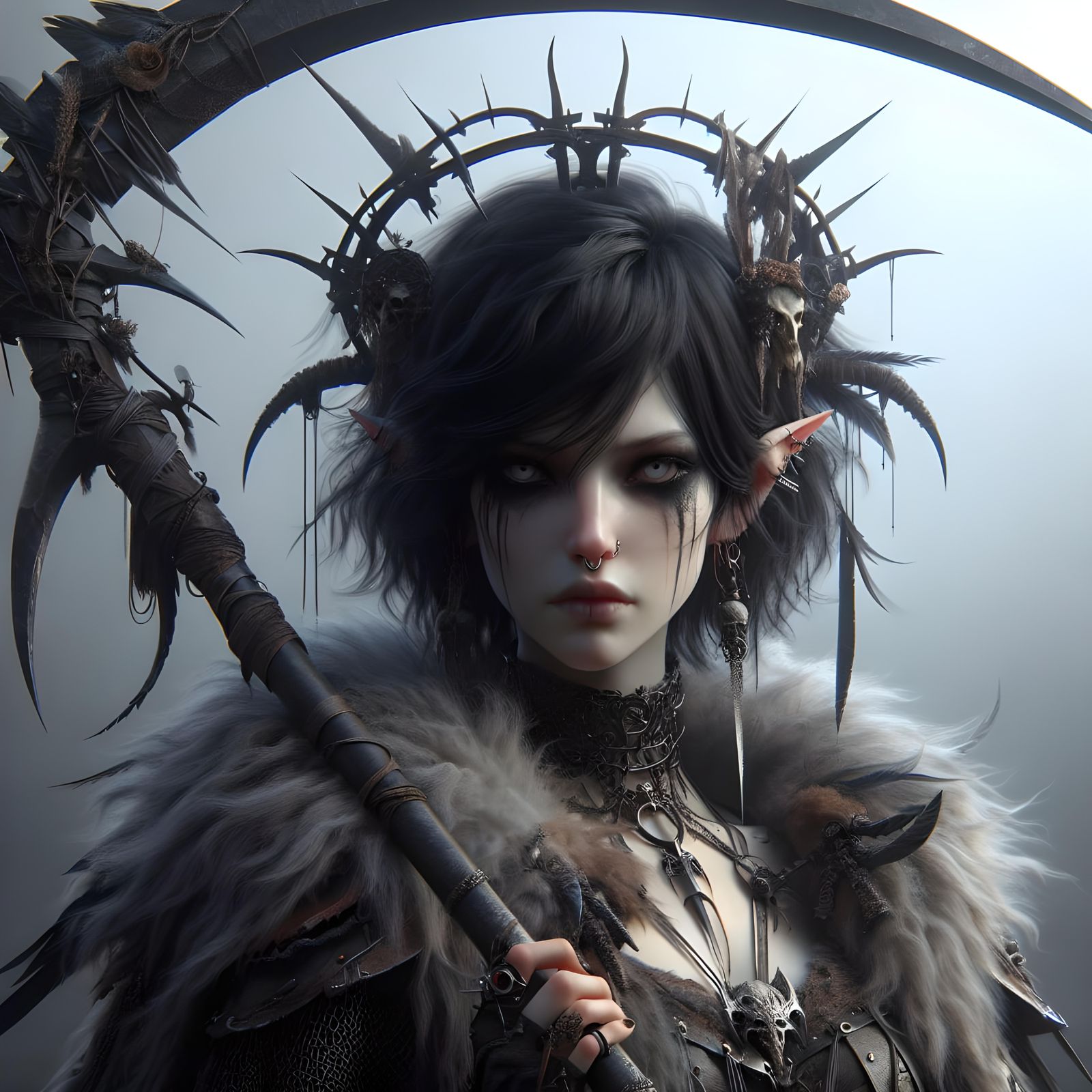 Epic Shadar-kai Barbarian with Scythe, Digital Matte Paintin...