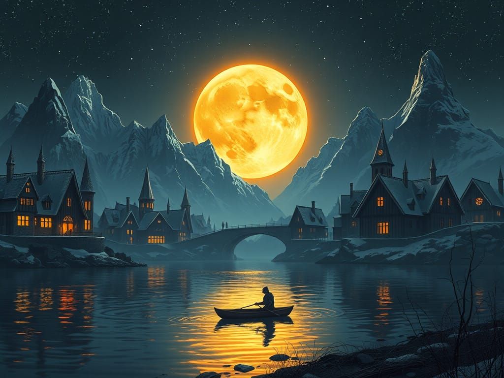 Fantasy Moonlit Medieval Town Under Starry Night Sky