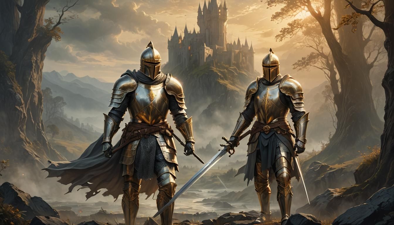 Heroic Knight in Shining Armor in Oil Painting Style