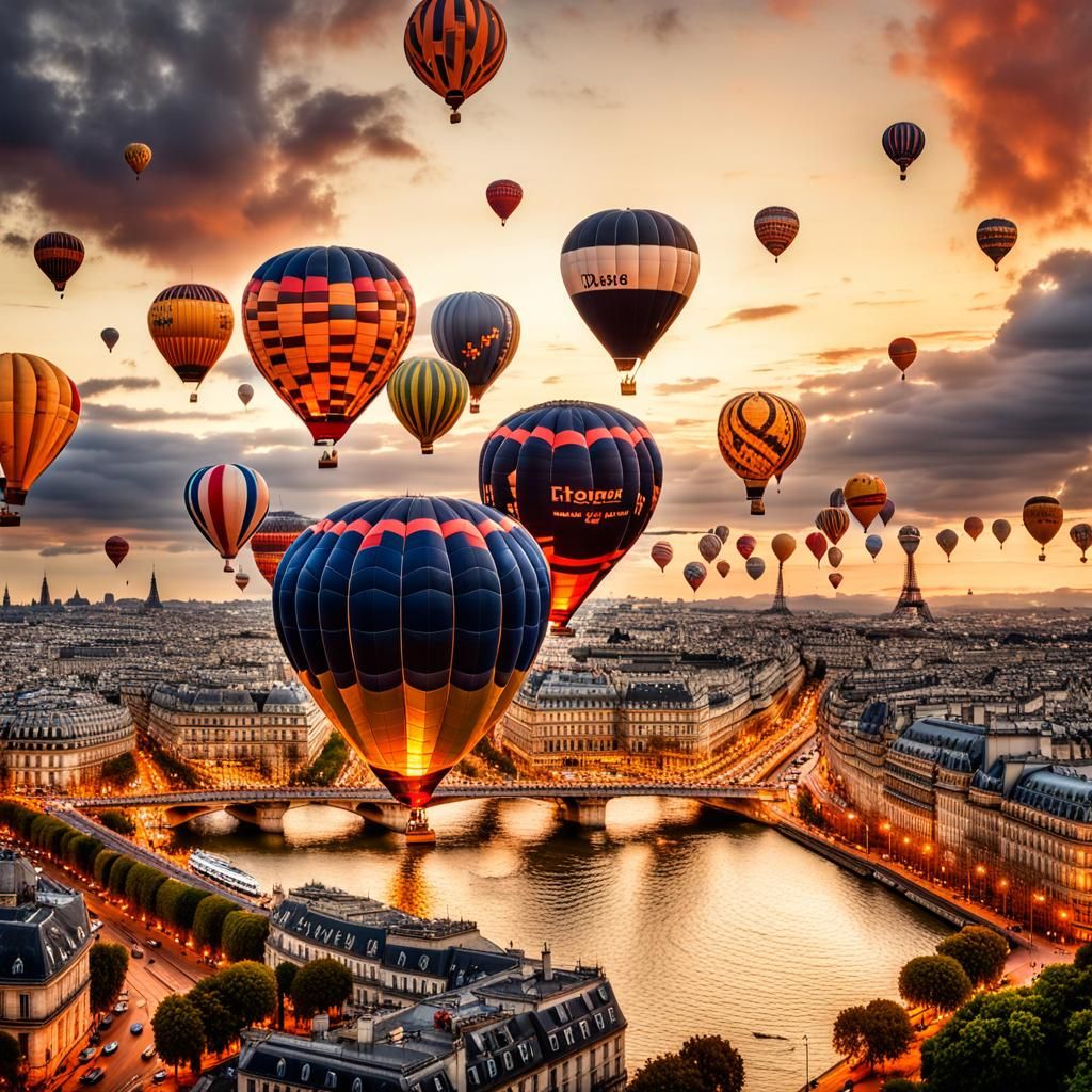 Paris at Dusk with Hot Air Balloons