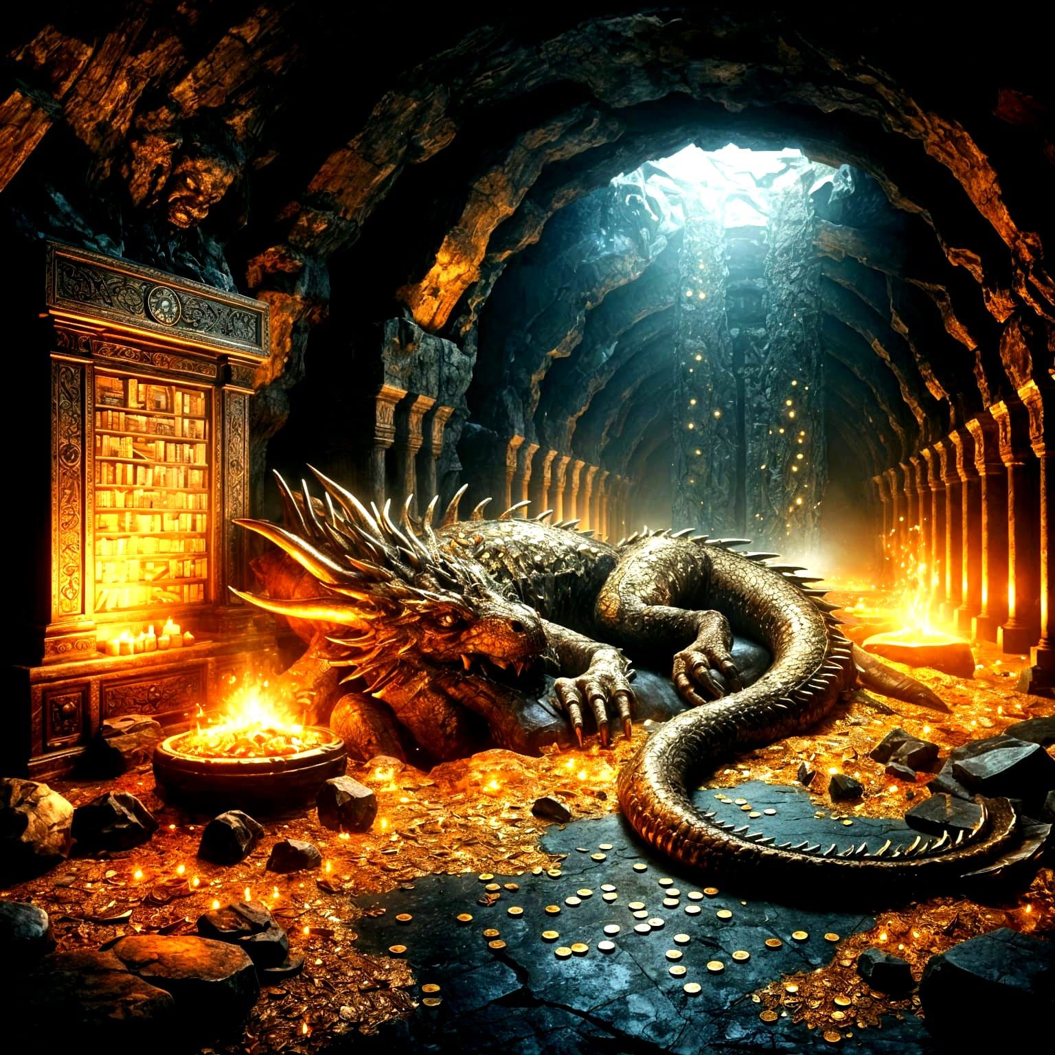 Epic Fantasy Dragon's Lair in Golden Hues