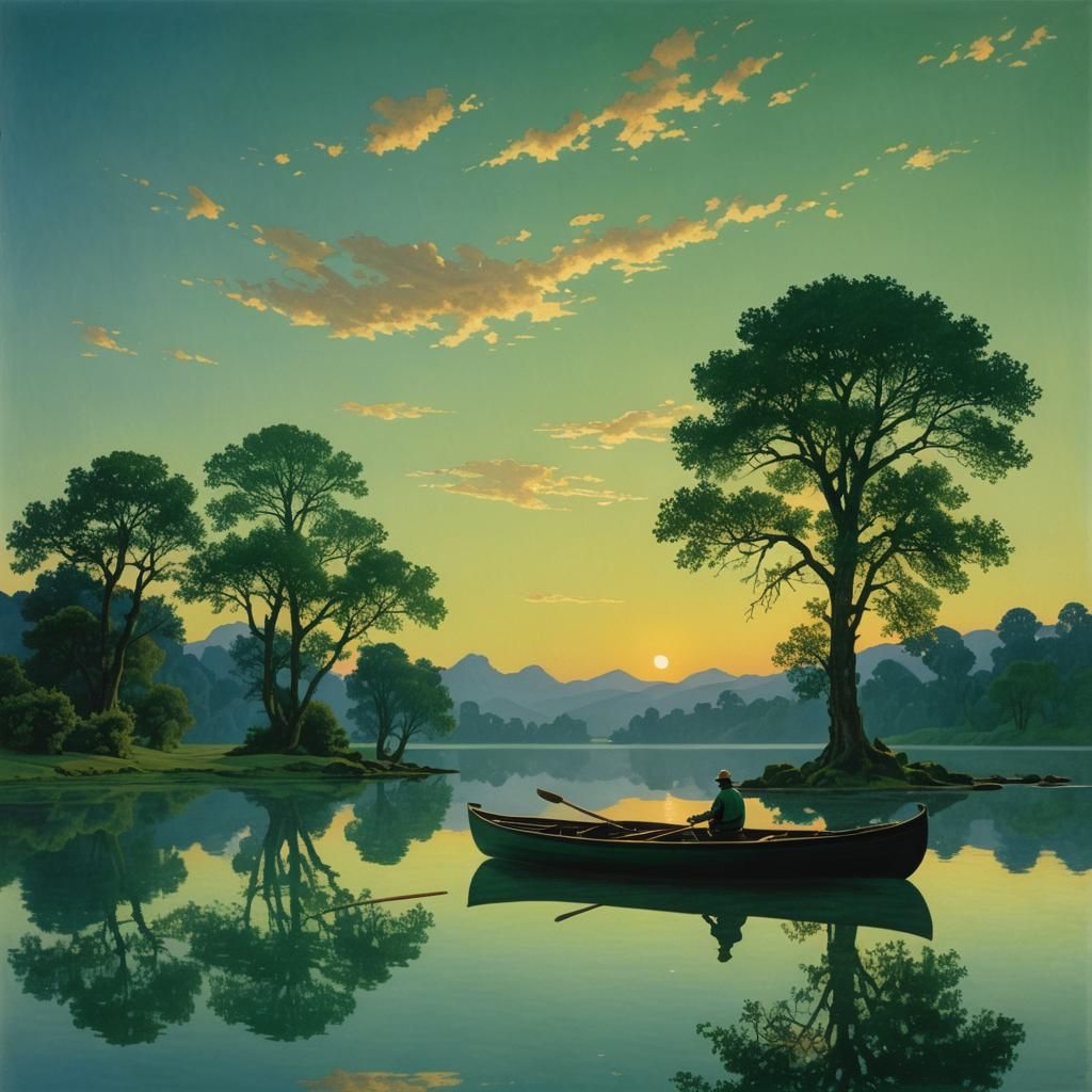 Dreamy Lake Sunset with Rowing Boat