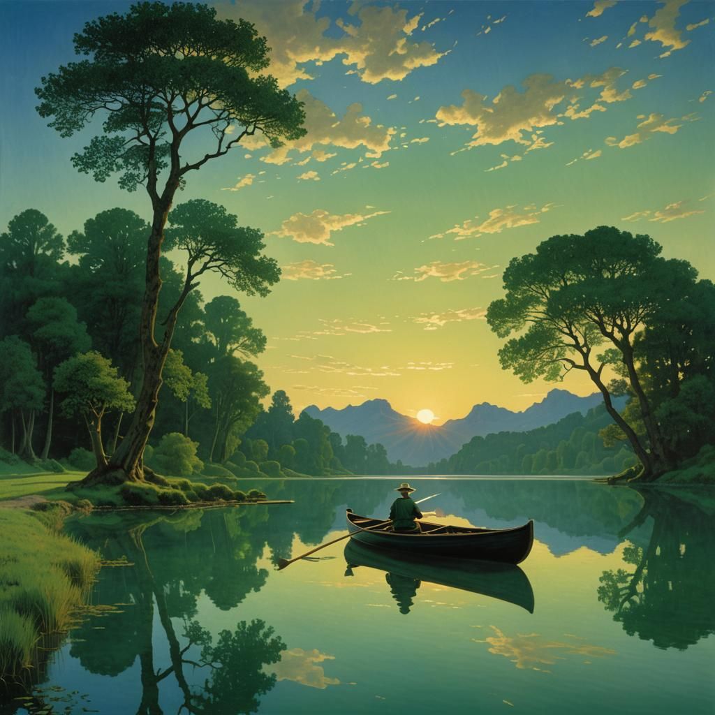 Quiet Lake Sunset in Green and Blue Tones