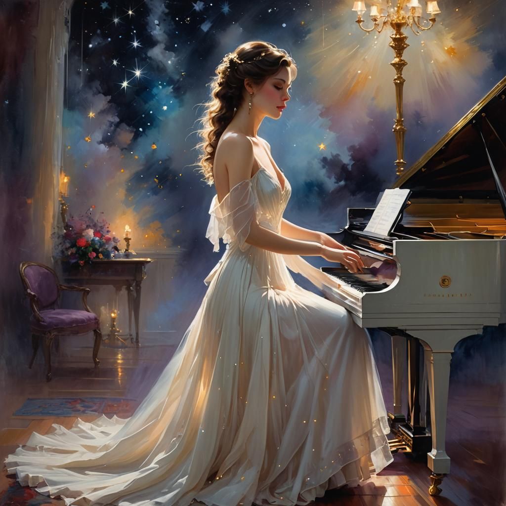 Woman at Piano Under Starry Night Sky
