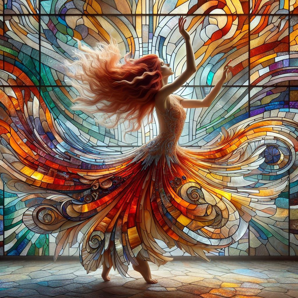 Woman in Orange Dress Dancing Before Stained Glass