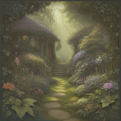 Enchanting Corgi in Sun-Dappled Garden, Arthur Rackham Style