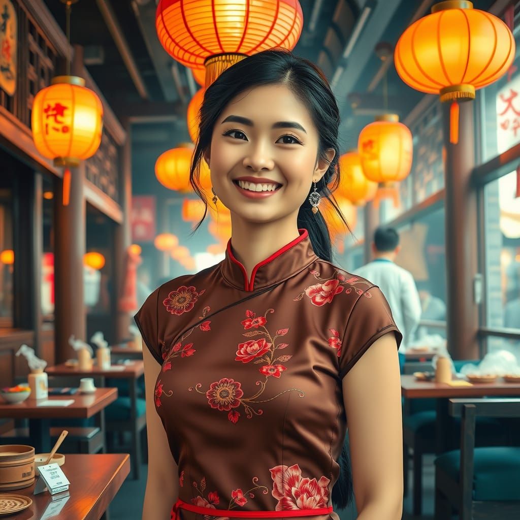 Young Chinese Waitress in Traditional Attire