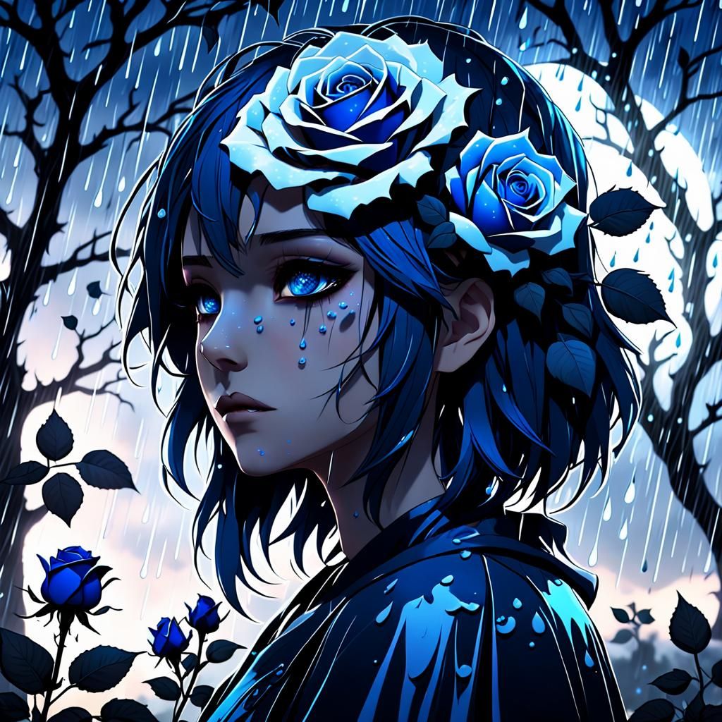 Eerie Gothic Anime: Sad Woman with Blue Roses