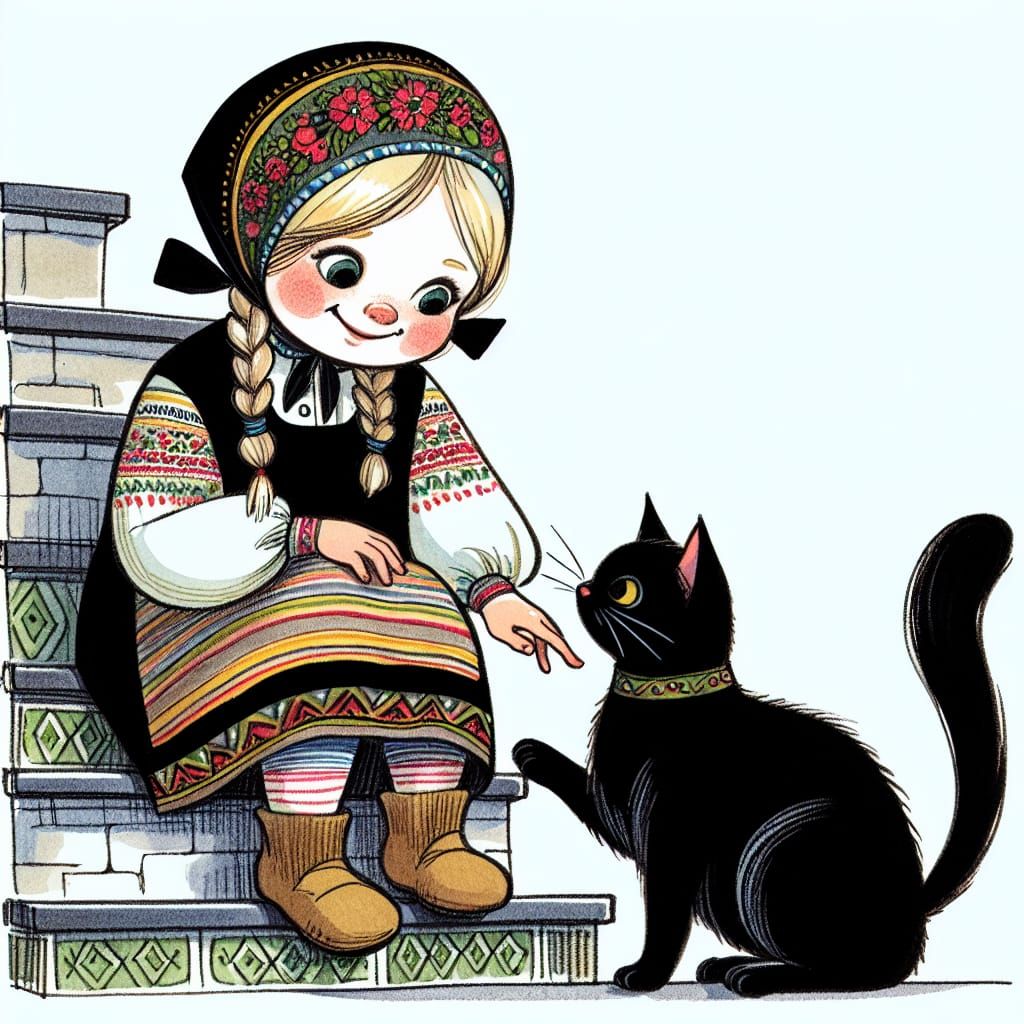 Girl Petting Black Cat: Nostalgic Pen and Ink Illustration