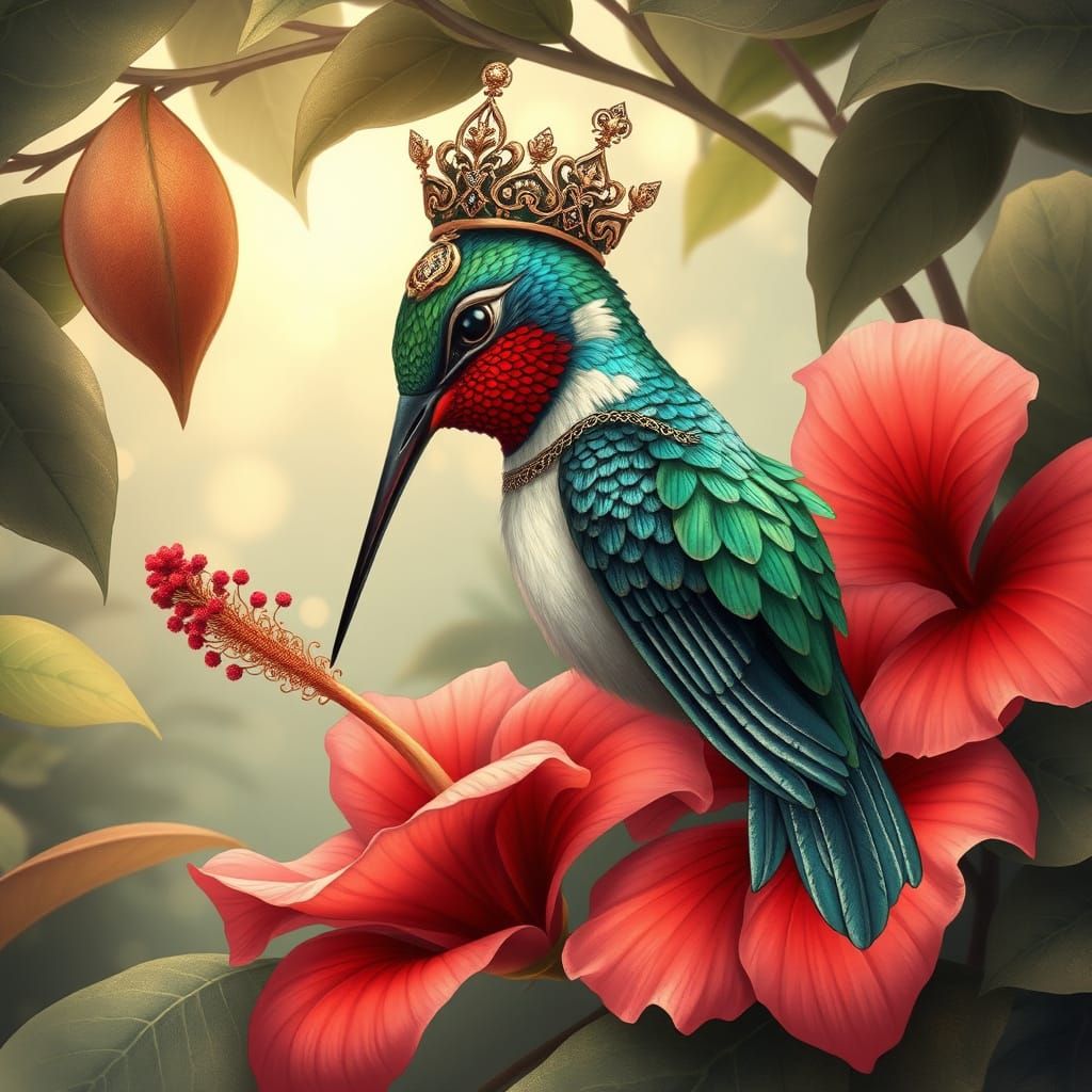 Regal Hummingbird Sips Nectar in Art Nouveau Style