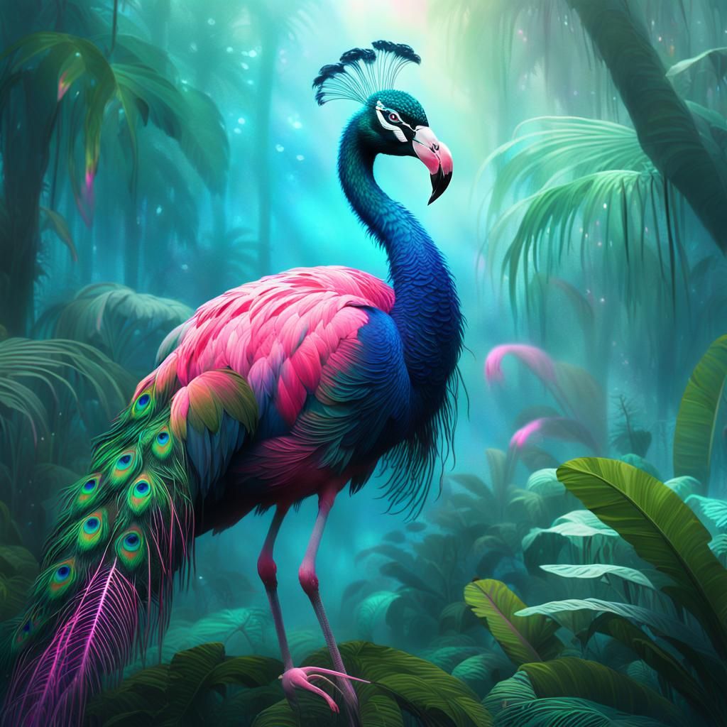 Surreal Peafowl Flamingo Hybrid in Vibrant Jungle