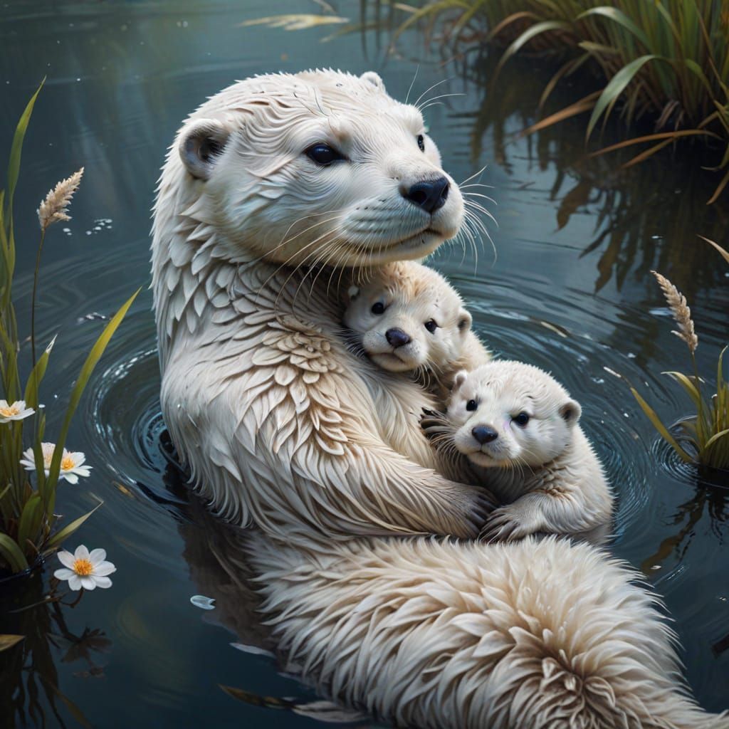 White mother otter with its babies #1