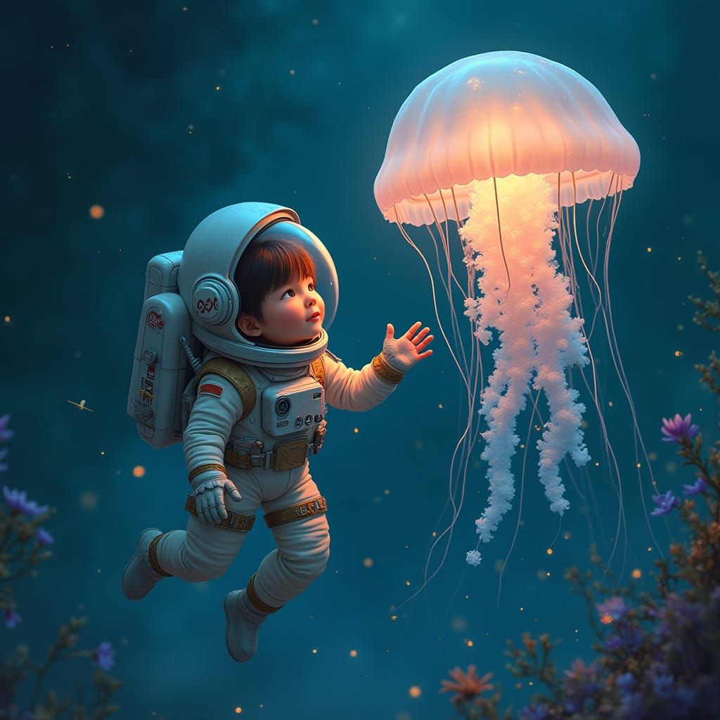 Astronaut and Bioluminescent Jellyfish in Space
