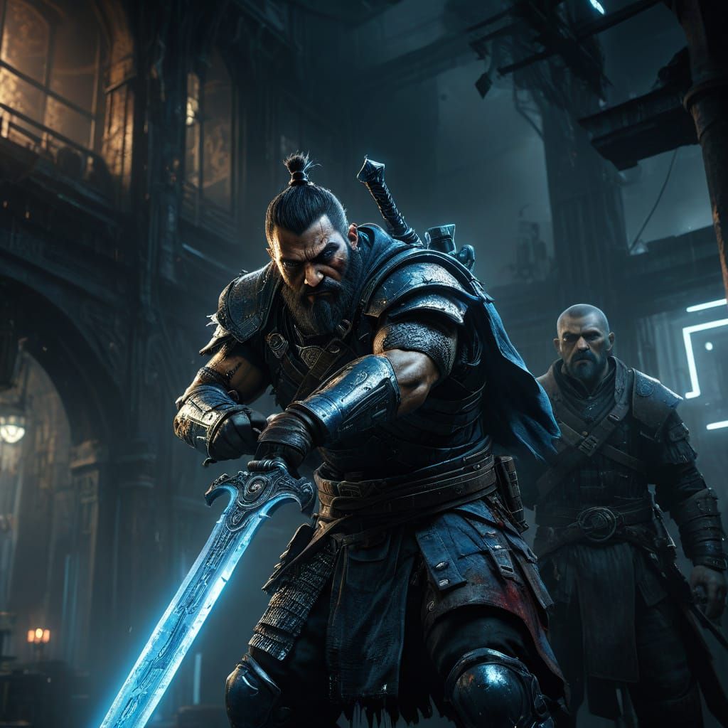 Cyberpunk Medieval Reckoning in Neon-Lit Metropolis