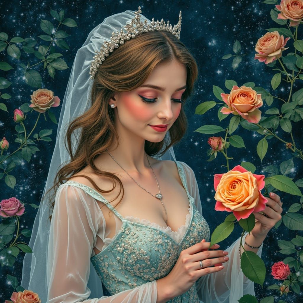 Whimsical Queen Tends Bioluminescent Rose in Gravity-Bending...