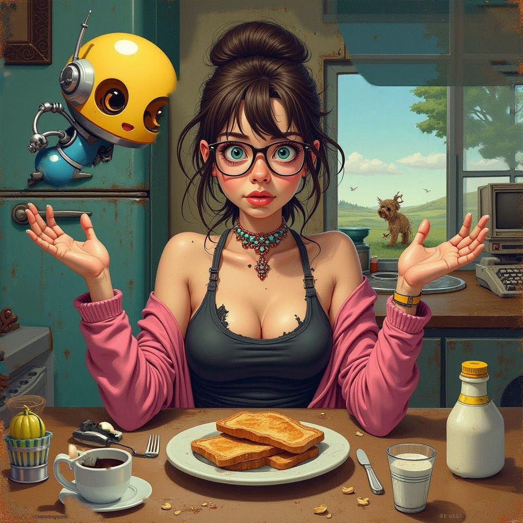 Brunette Woman at Table in Futuristic Kitchen