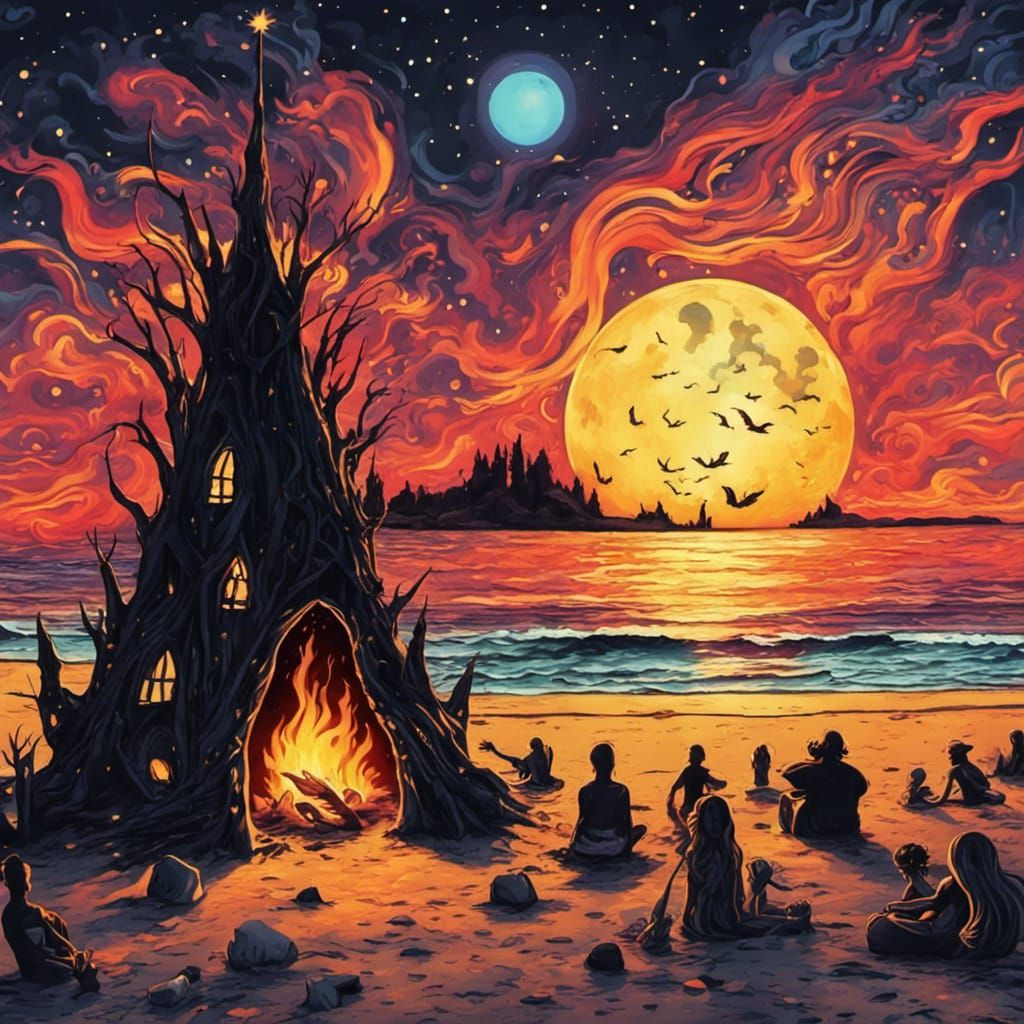 Gothic Campfire on Beach at Dusk in Tim Burton Style