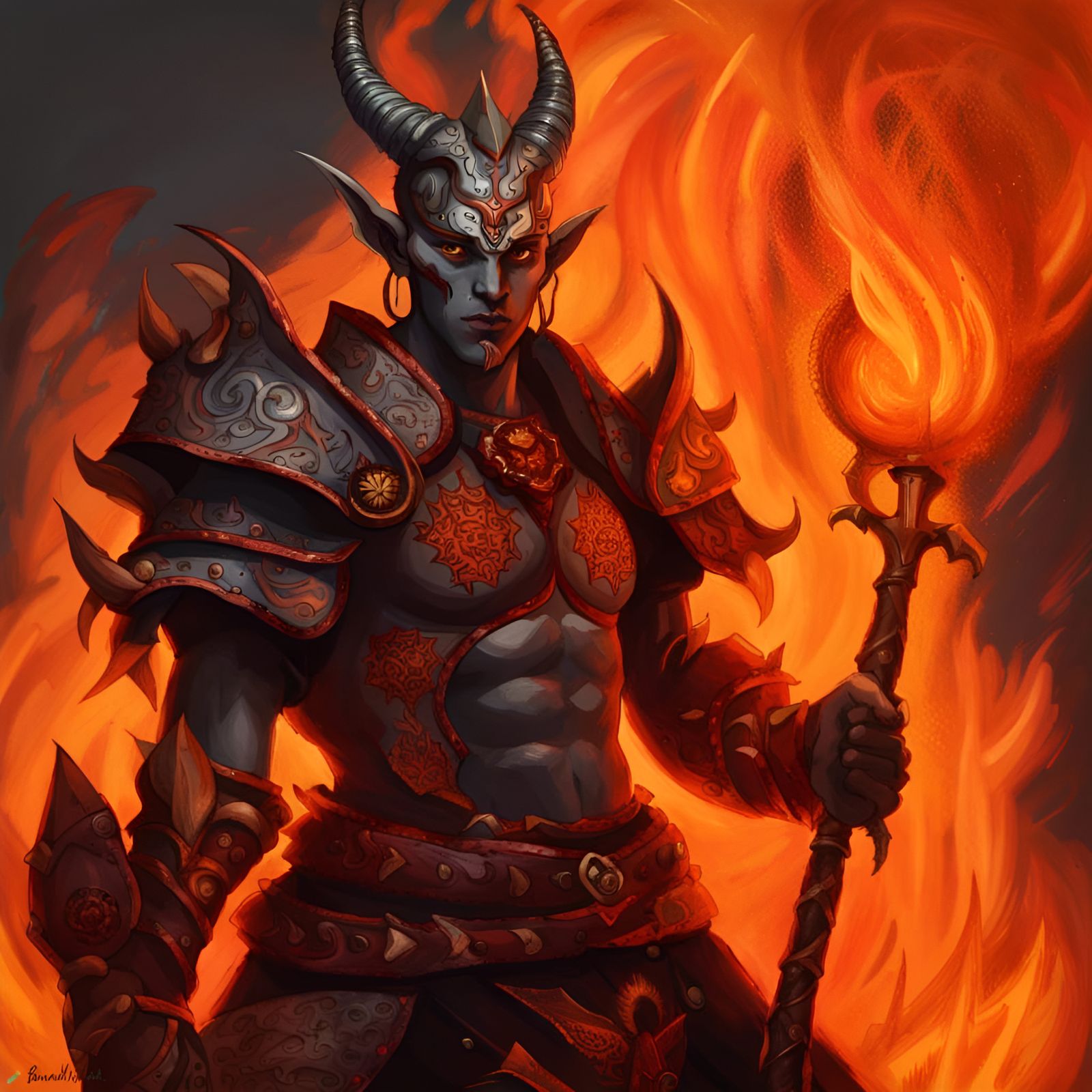 Demonic Fire Genasi Samurai in a Digital Matte Painting