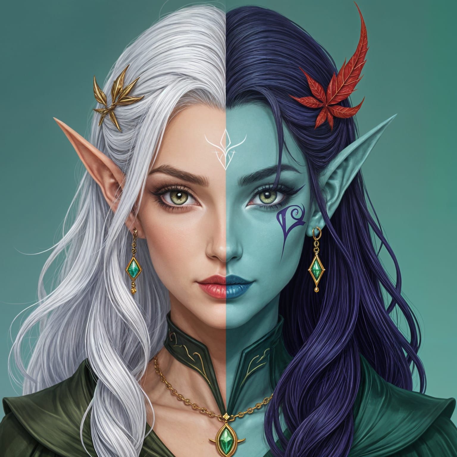 Elven Woman with Split Personality in Alcohol Ink Style