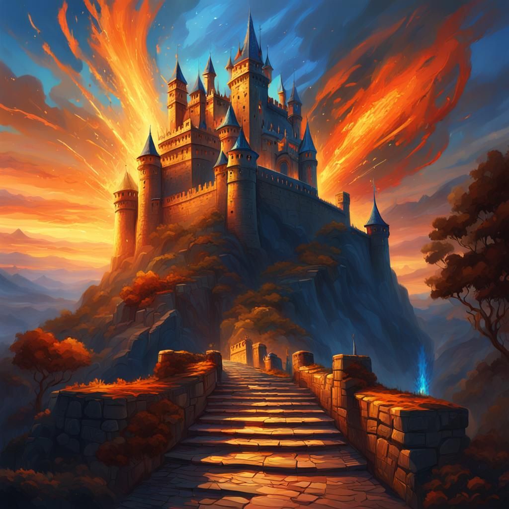 Mysterious Castle with Fiery Path, Epic Fantasy Art