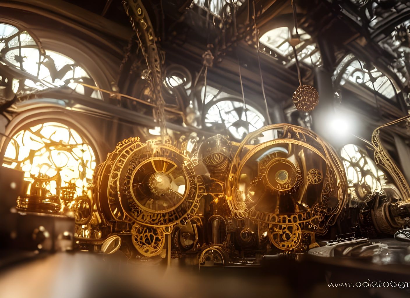 Steampunk Workshop with Golden Gears in Art Nouveau Style