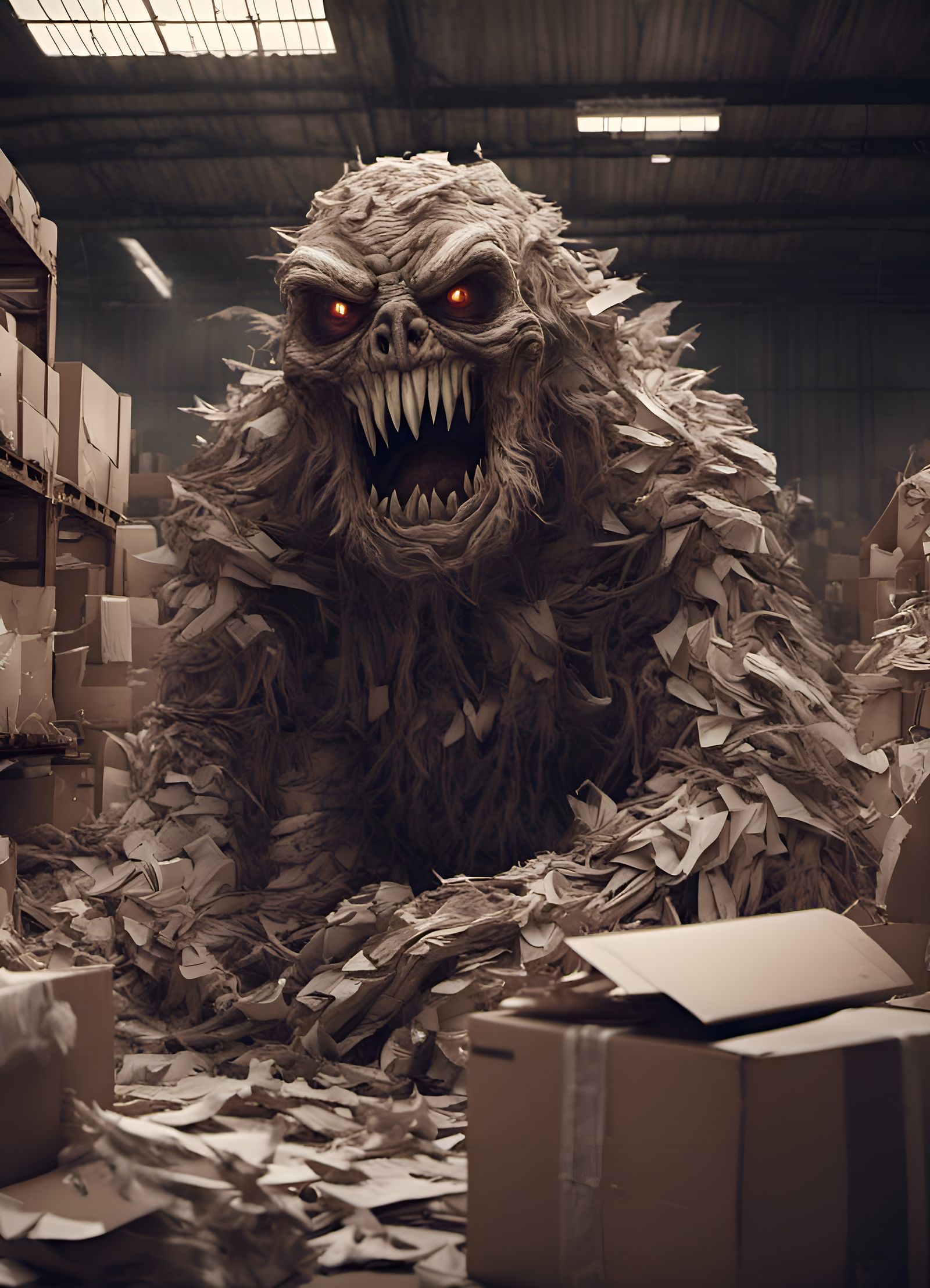 Creepy Cardboard Monster in a Paper Warehouse