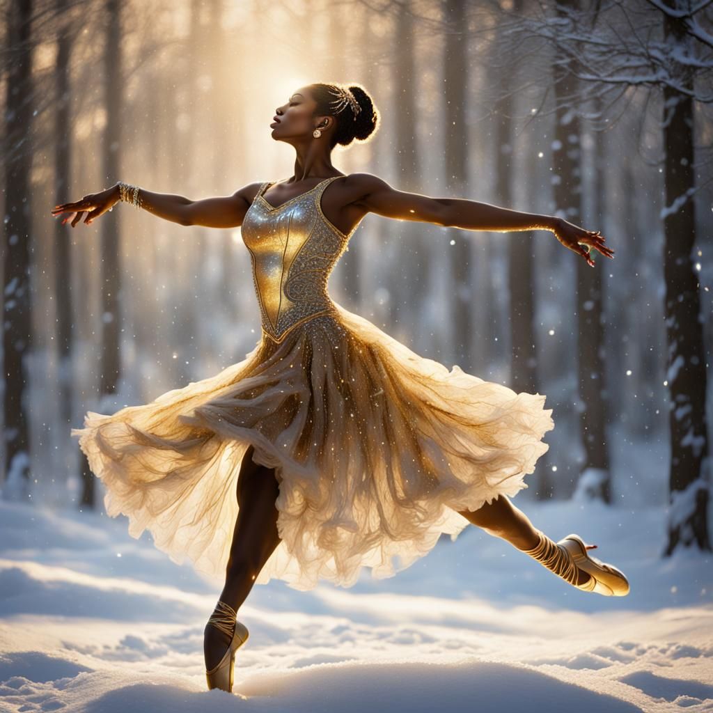 Golden Ballerina Dances in Jeweled Snow