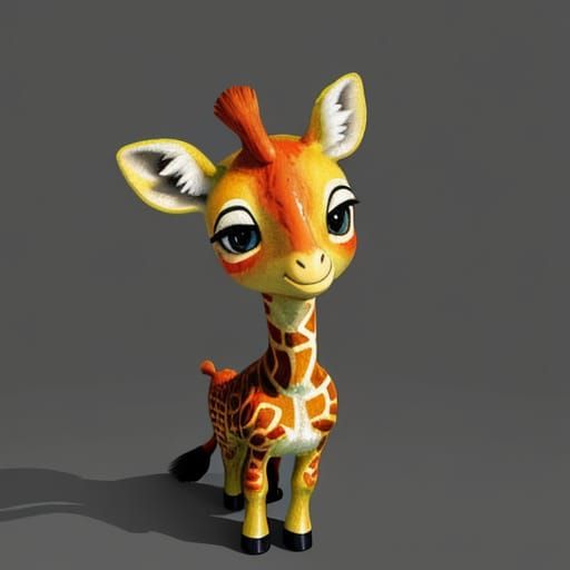 Chibi Giraffe in Vibrant Gouache Meadow Painting