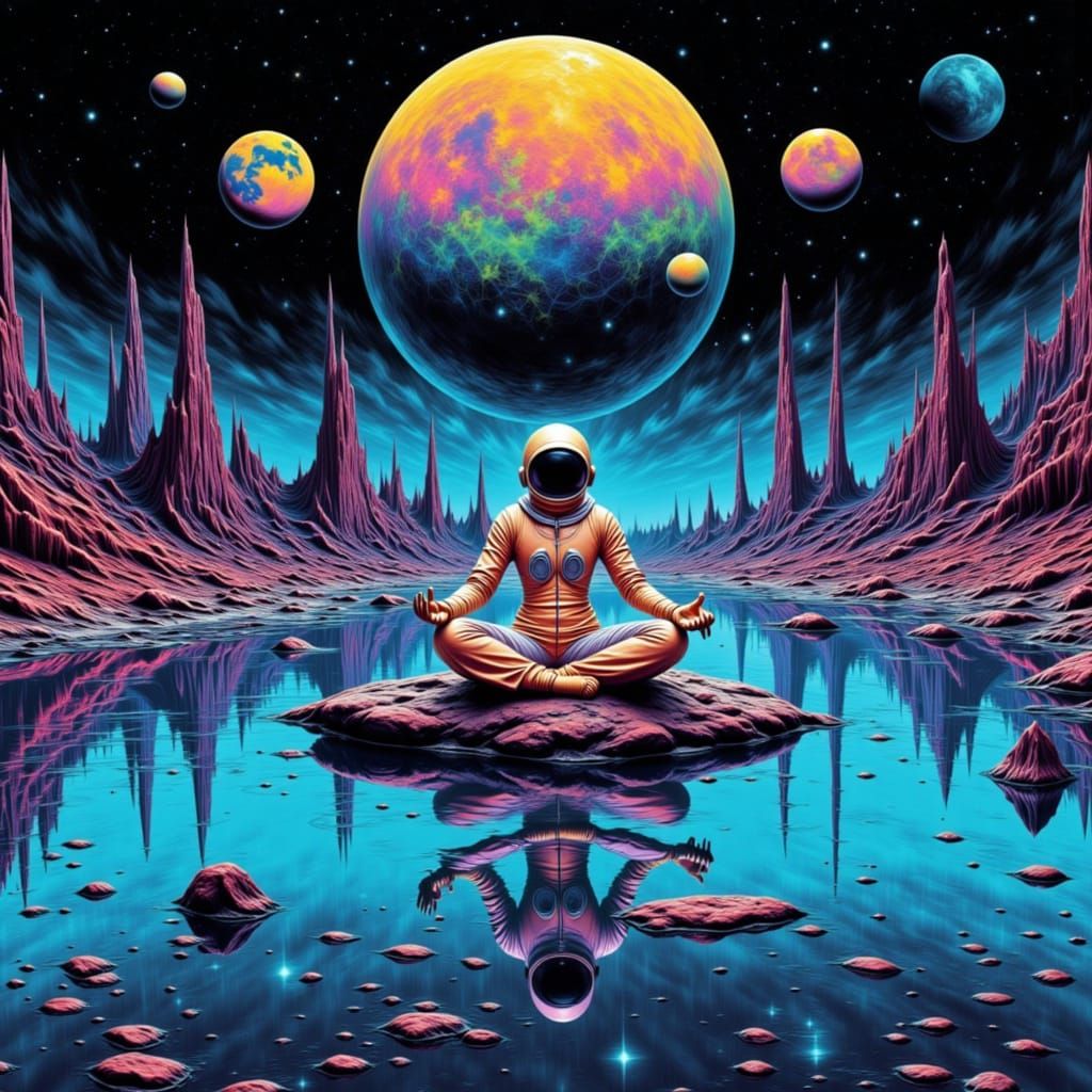 Astronaut on Alien Moon Reflecting Double Moons