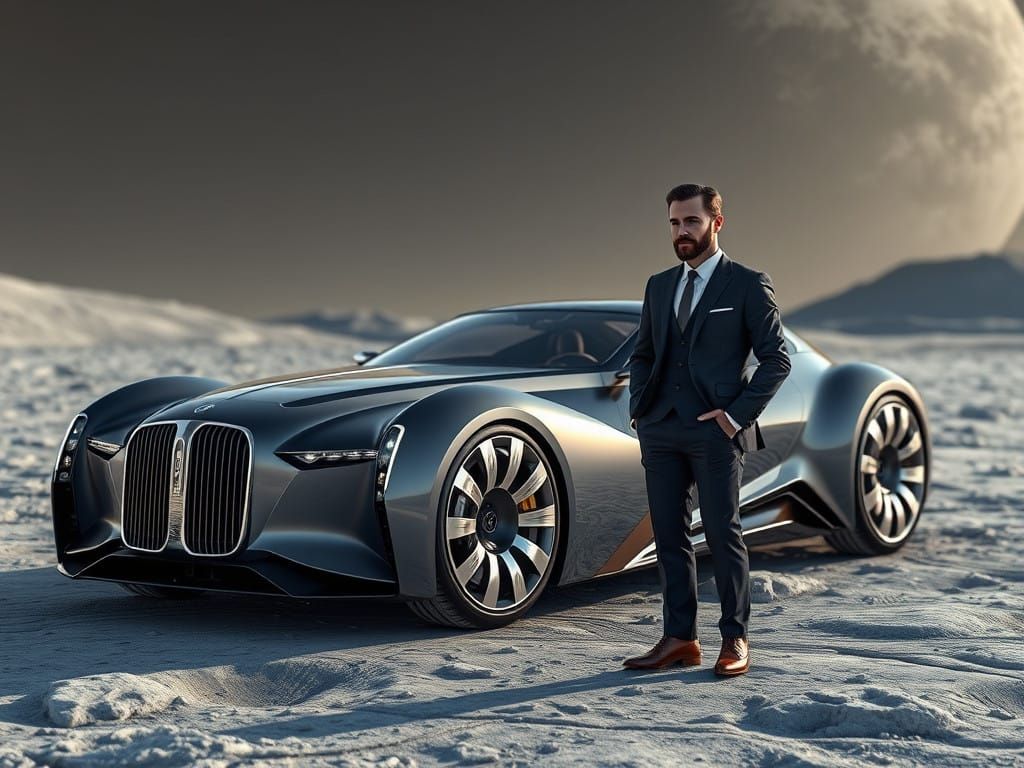 Elegant Futuristic Electric Concept Car in Lunar Landscape
