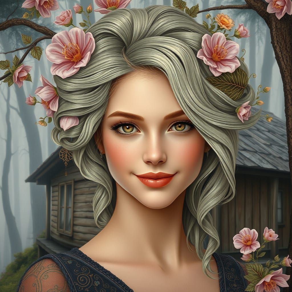 Ethereal Oil Painting of a Woman in Art Nouveau Style with F...