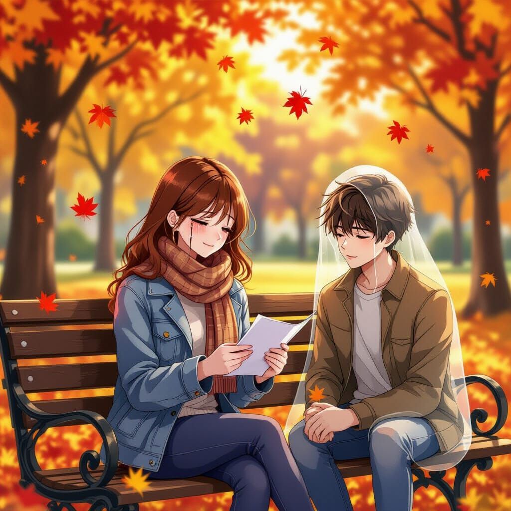 Anime Woman Reads Love Letter on Autumn Bench With Spirit