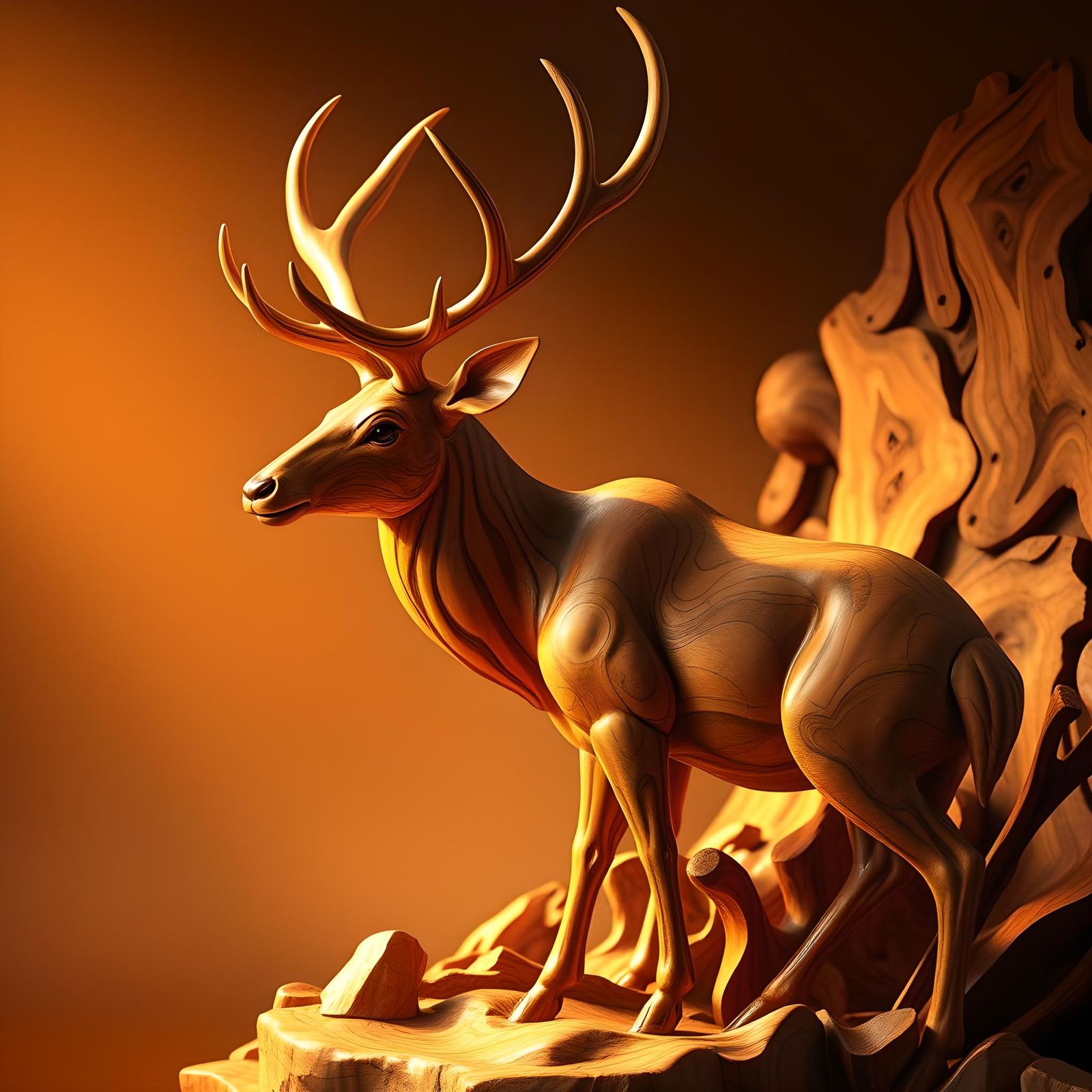 Intricate Wood Carving of a Lifelike Stag