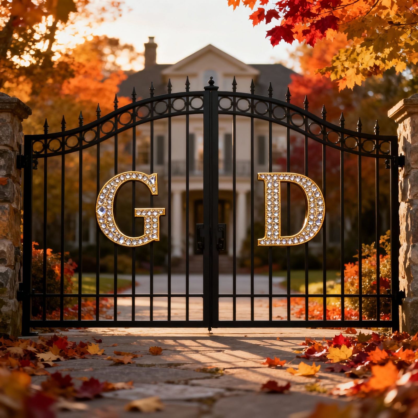 Elegant Black Gate with Crystal Initials at Golden Hour