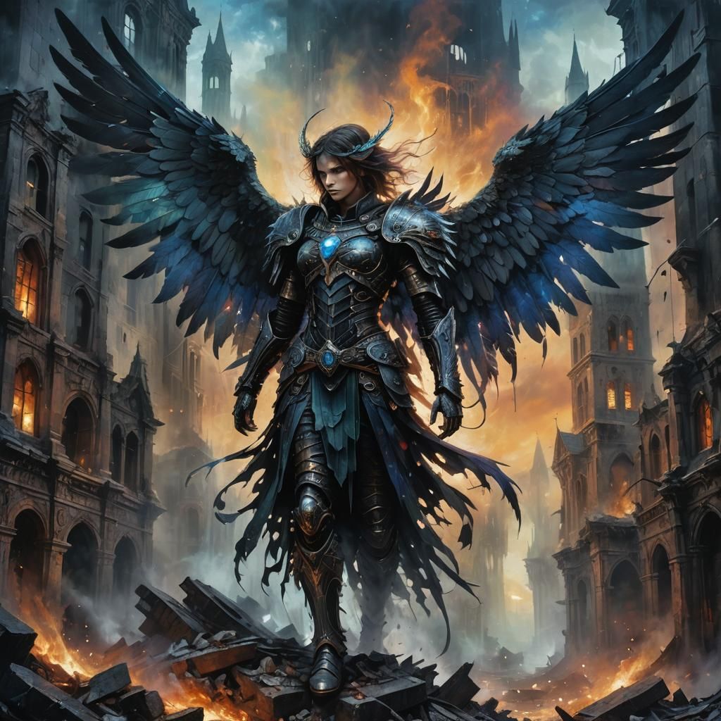 Grimdark Angel in Gothic City Ruins