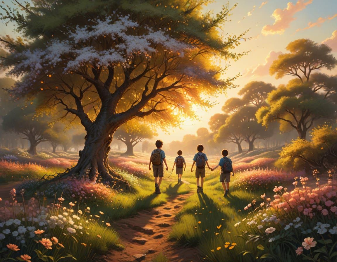 Children in Flowering Minefield: Romantic Oil Painting