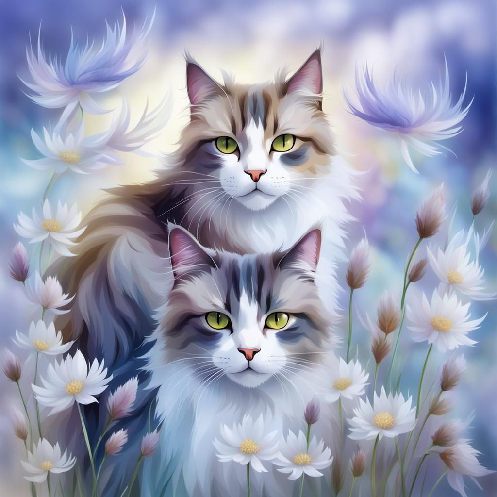 Cats with Sparkling Eyes in Misty Wildflower Field