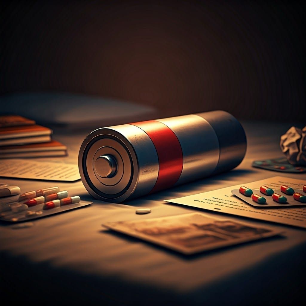 Exhausted Battery Character on Bed in Digital Art Style