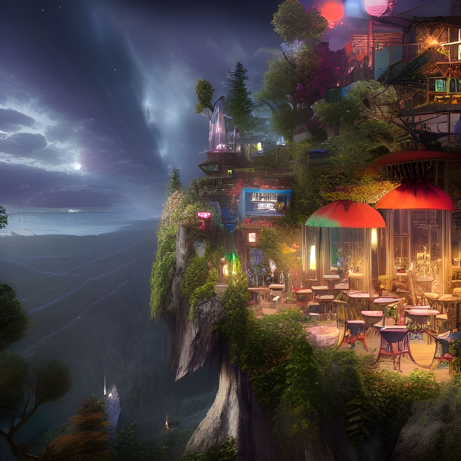 Hyperdetailed Cliffside Night Cafe by Belledin