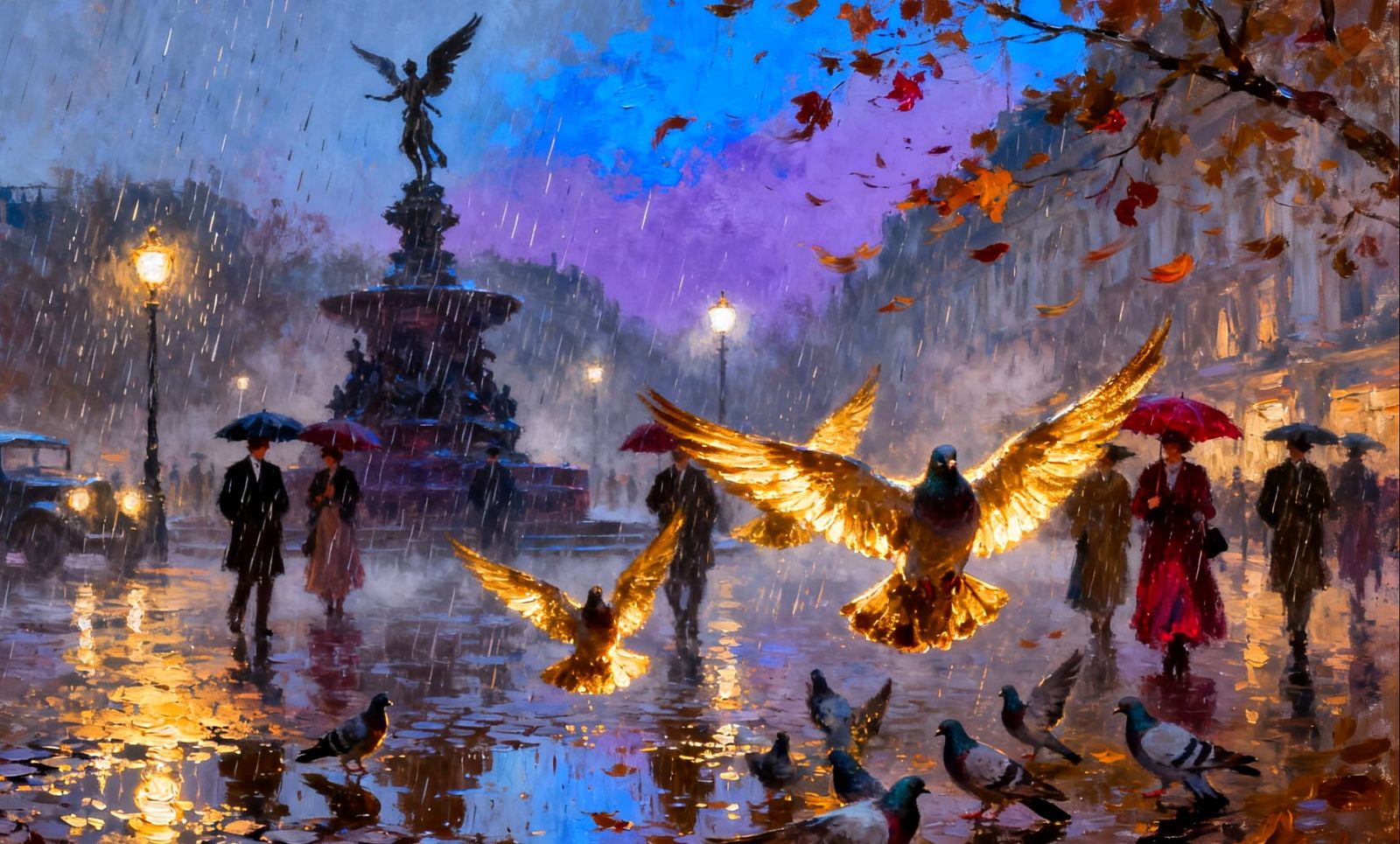 Impressionist London Dusk Street Scene with Golden Pigeons
