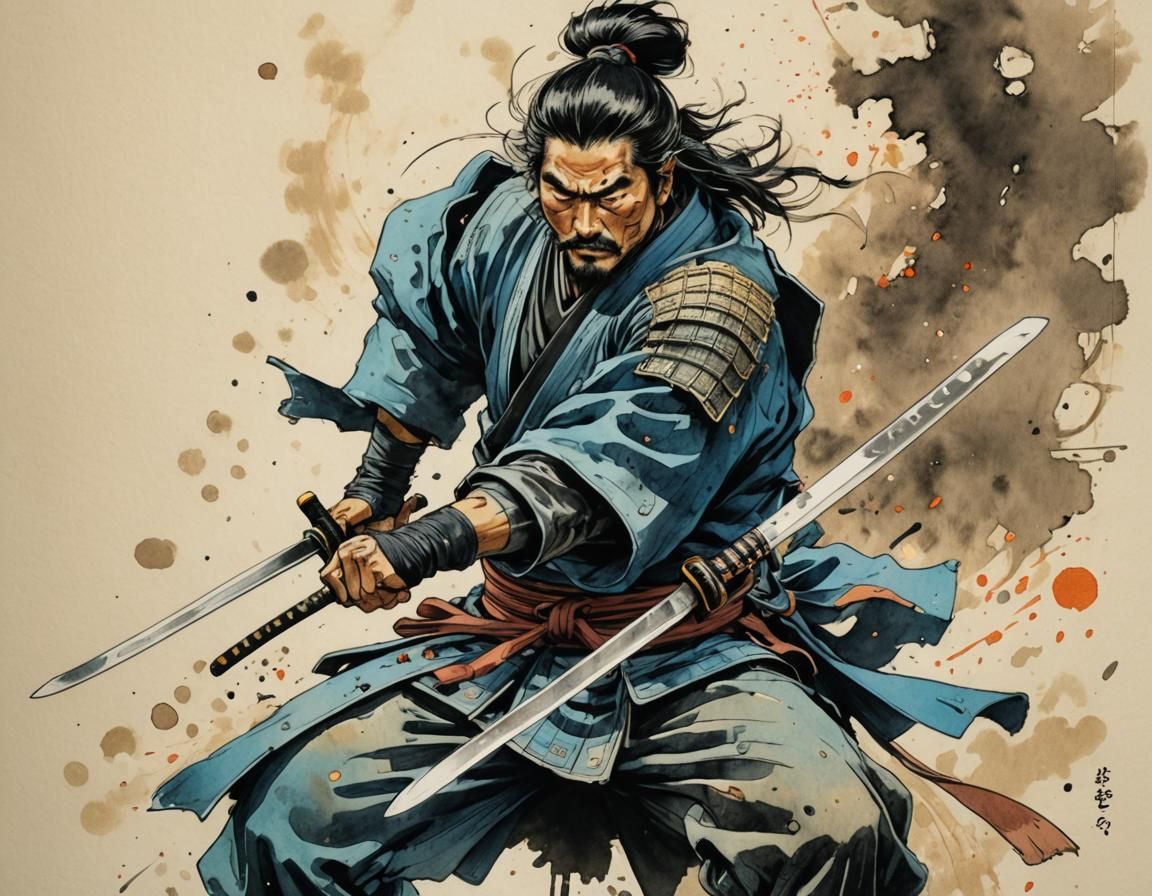 Samurai Warrior Ink Sketch in Ukiyo-e Style