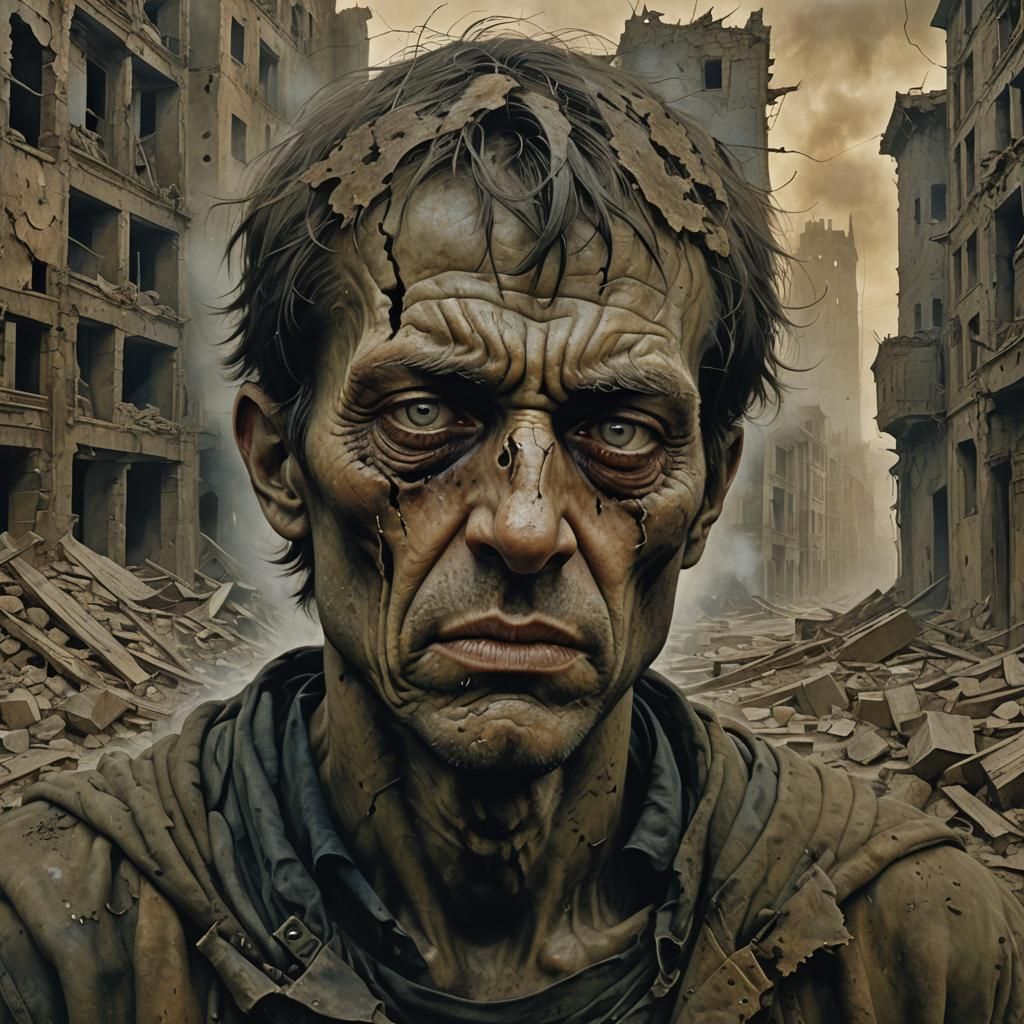 Anguished Face in War-Torn Cityscape: Surreal Portrait
