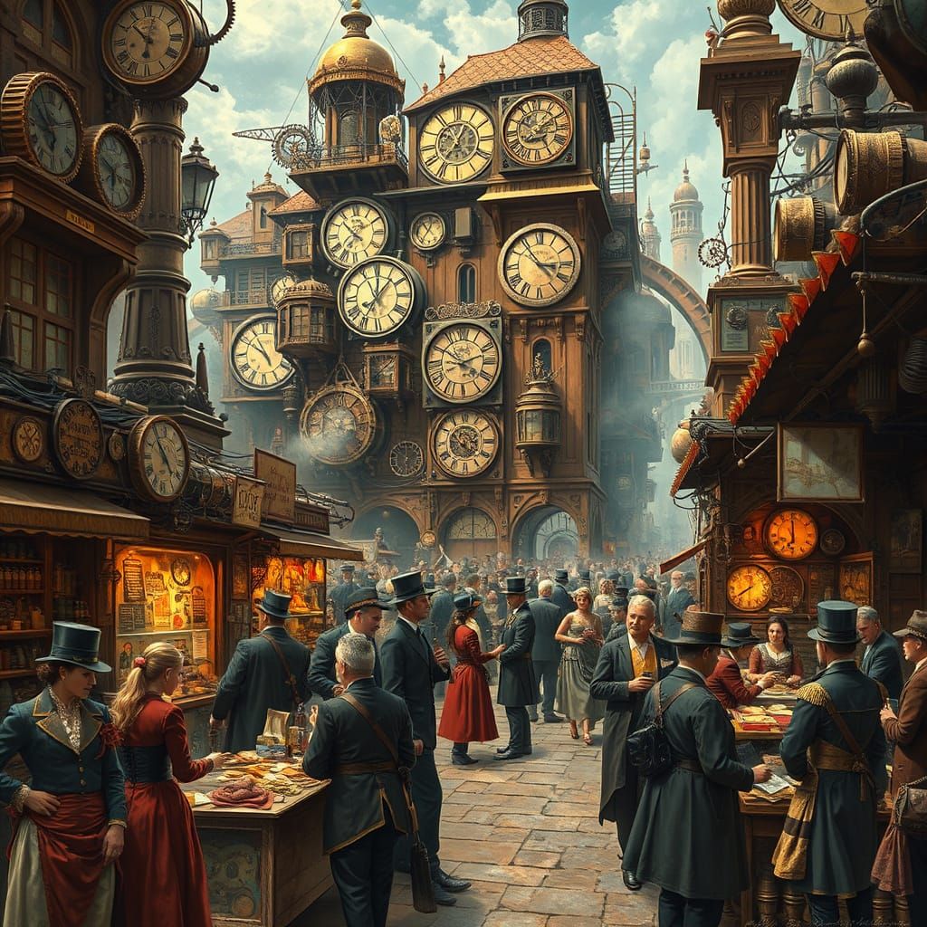 Steampunk City Marketplace with Clockwork Buildings