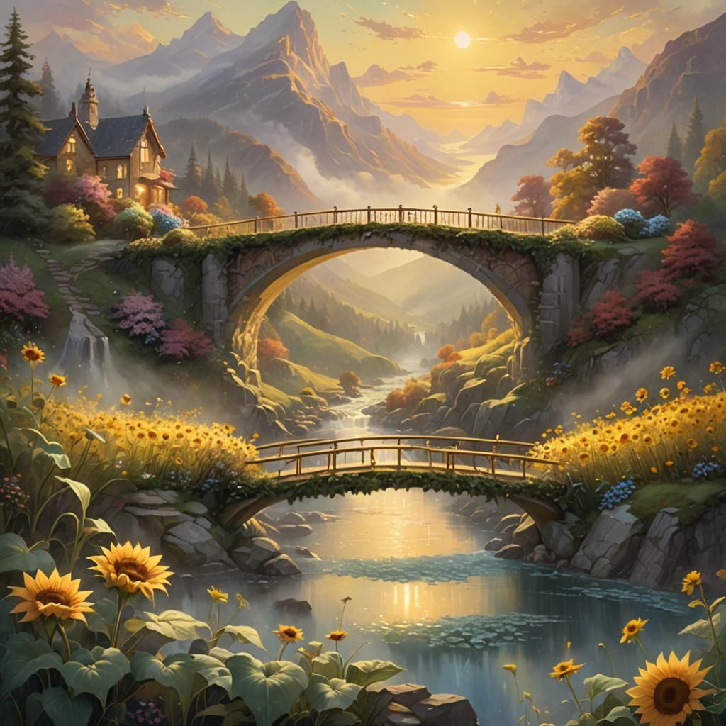 Glowing Sunflower Bridge in Misty Valley