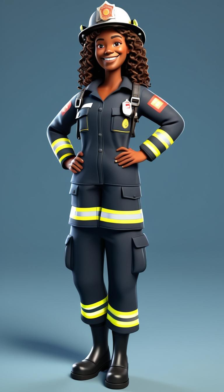 Black Woman Firefighter in 3D Cartoon Style