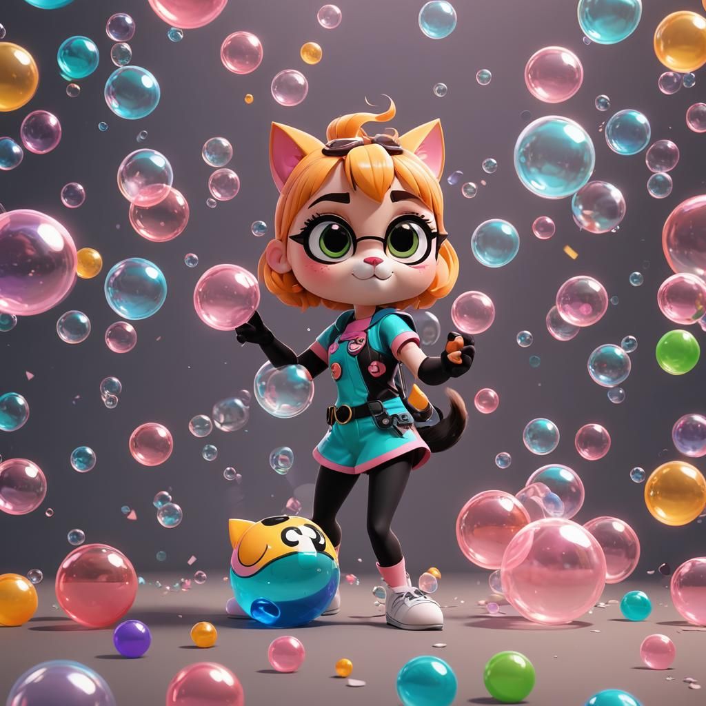 Bubbles Playing Video Games with Cat: Cartoon Art