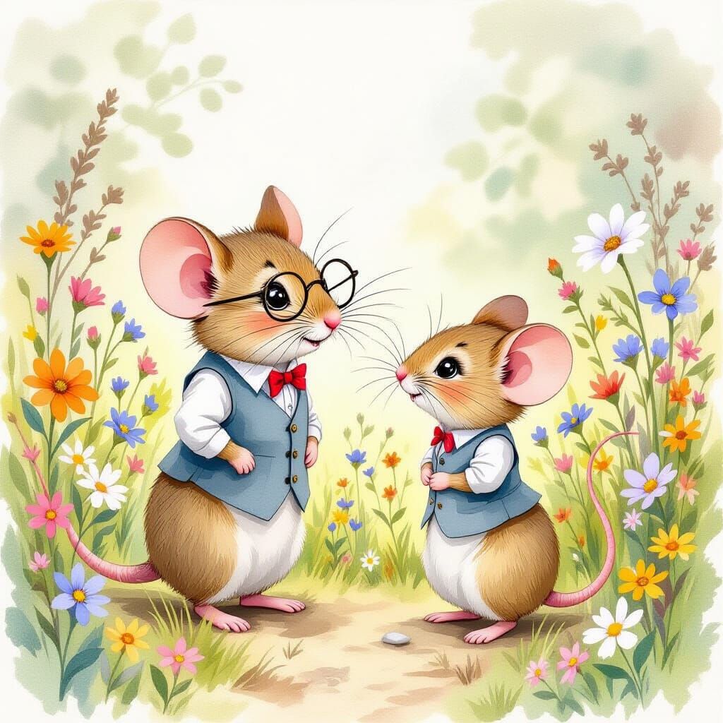 Shy Mouse Meets Pretty Mouse in Watercolor Meadow