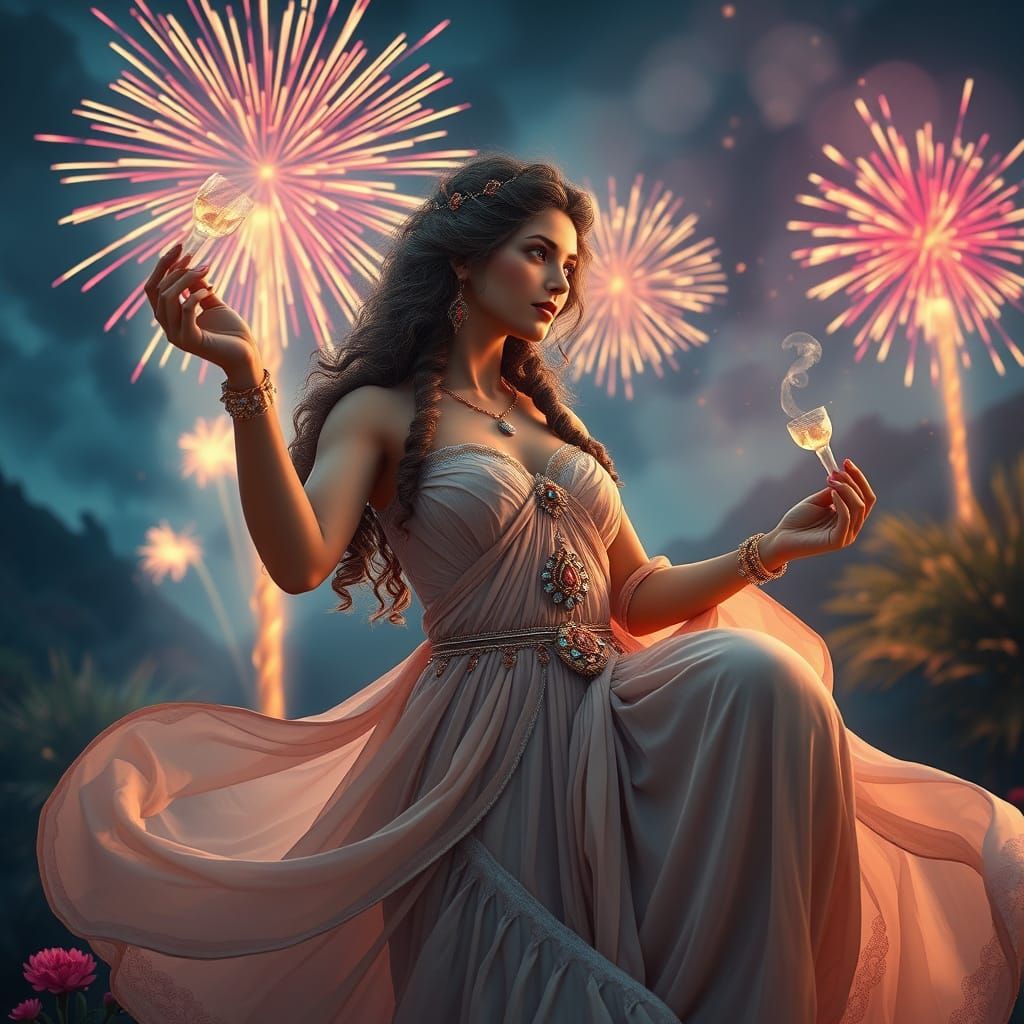 Greek Goddess Plays with Fireworks: Hyperrealistic Art