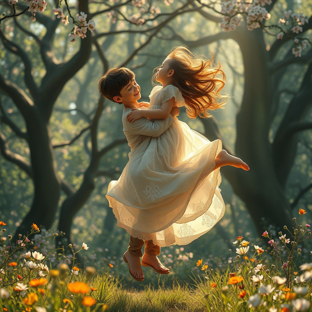 Whimsical Girl Embraces Boy in Fantasy Landscape